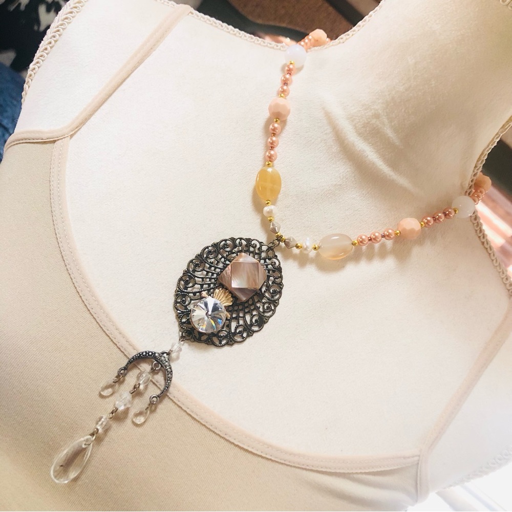 Handcrafted repurpose filigree mother of pearl stone medallion necklace